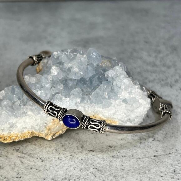 925 Bali Lapis Bangle Sterling Silver Dark Blue Semi Precious Stone - Picture 3 of 6